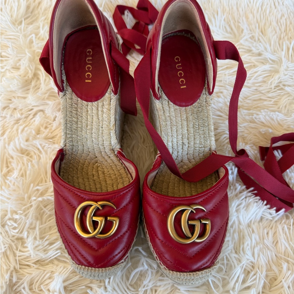 Gucci Red Leather GG Wedges with Ankle Ribbons Size 36